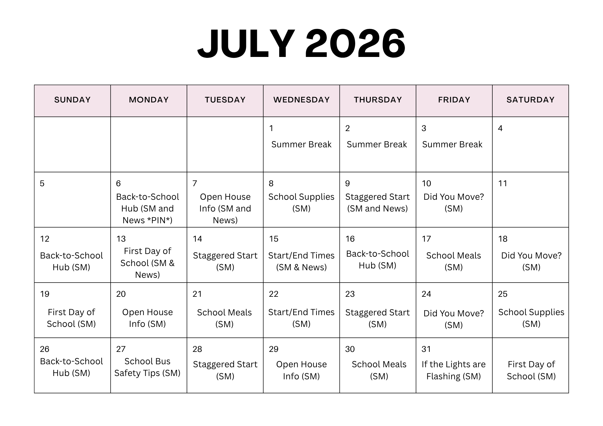 July 2026 Back-to-School posting calendar schedule