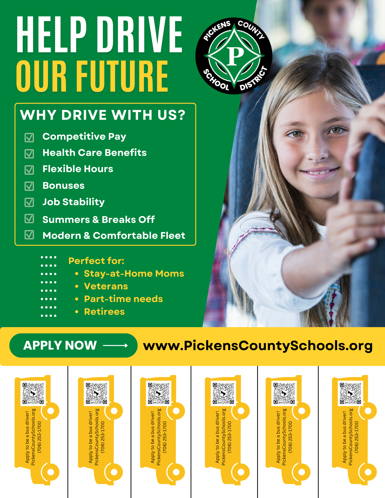 Help Drive Our Future pull-tab bus driver recruitment ad with QR codes