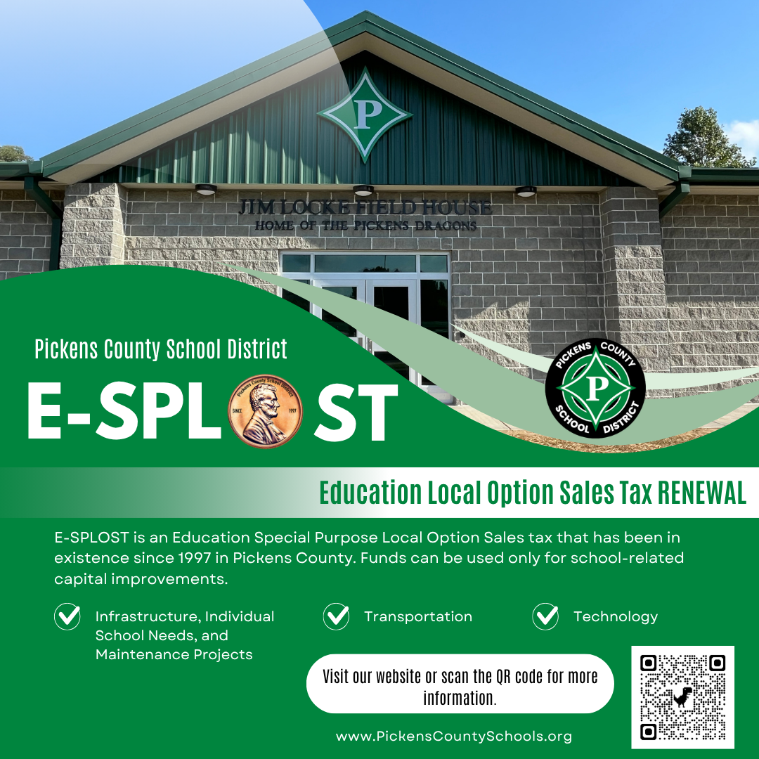 ESPLOST general information graphic showing Pickens County School District renewal details
